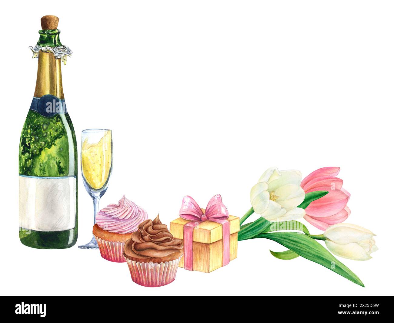 Bouteille tulipe champagne dessin aquarelle. Fleur verre vin cadeau boîte cupcake. Illustration de la date d'anniversaire. Carte de Saint-Valentin fête aquarelle. Isolé Banque D'Images