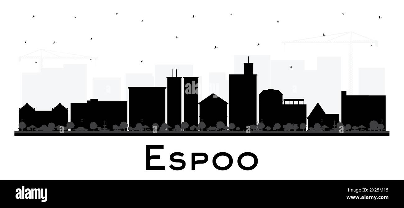 Silhouette d'horizon de la ville d'Espoo Finlande avec des bâtiments noirs isolés sur blanc. Illustration vectorielle. Paysage urbain d'Espoo avec des points de repère. Illustration de Vecteur