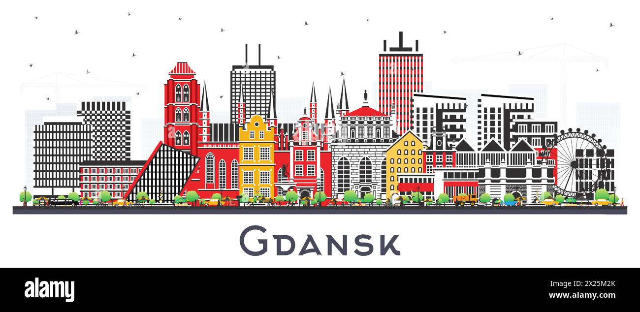 Horizon de la ville de Gdansk Pologne avec des bâtiments de couleur isolés sur blanc. Illustration vectorielle. Paysage urbain de Gdansk avec des monuments. Illustration de Vecteur
