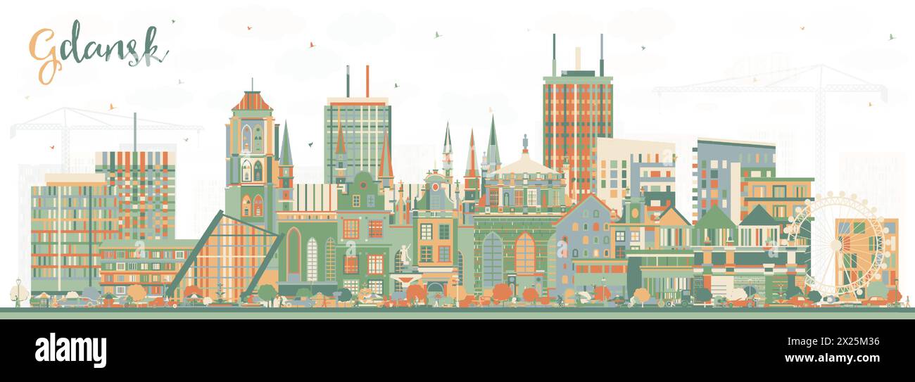 Horizon de la ville de Gdansk Pologne avec des bâtiments de couleur. Illustration vectorielle. Paysage urbain de Gdansk avec des monuments. Illustration de Vecteur