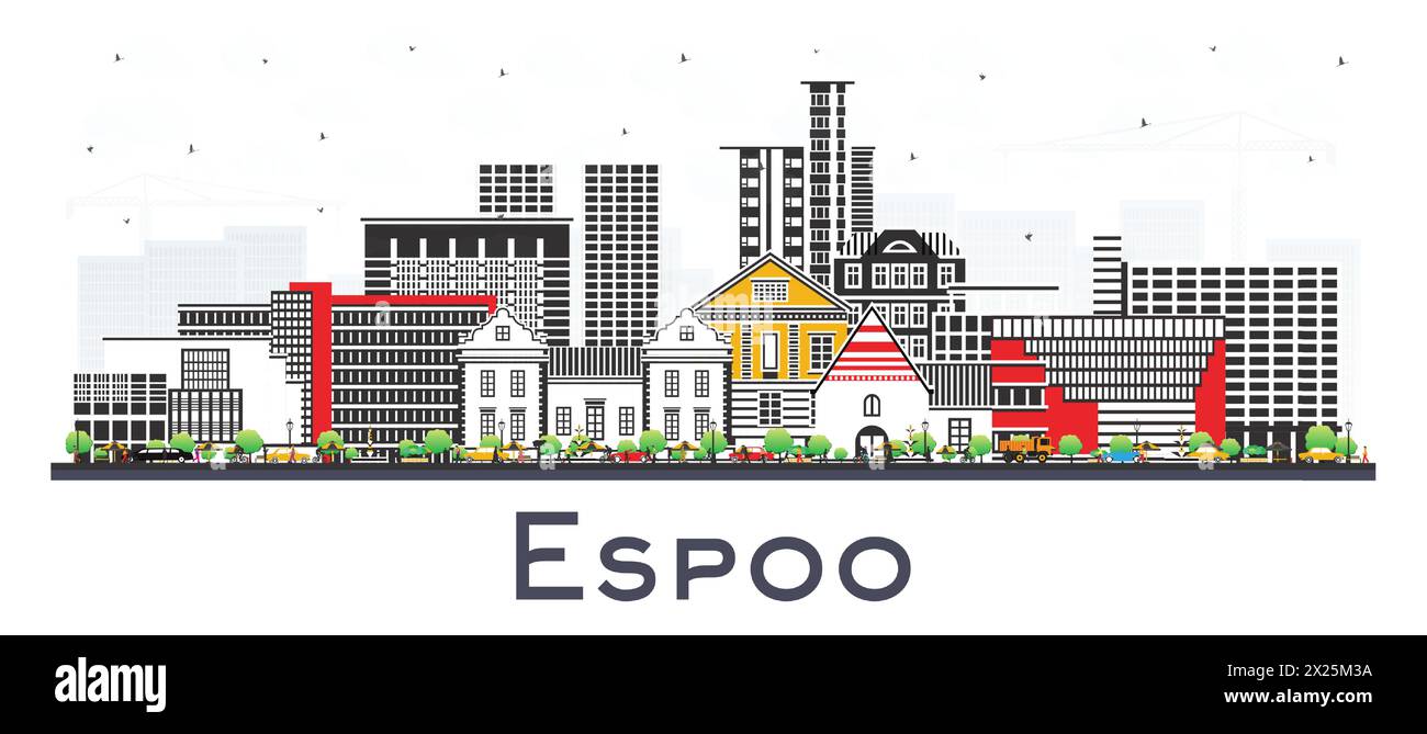 Horizon de la ville d'Espoo Finlande avec des bâtiments de couleur isolés sur blanc. Illustration vectorielle. Paysage urbain d'Espoo avec des points de repère. Illustration de Vecteur