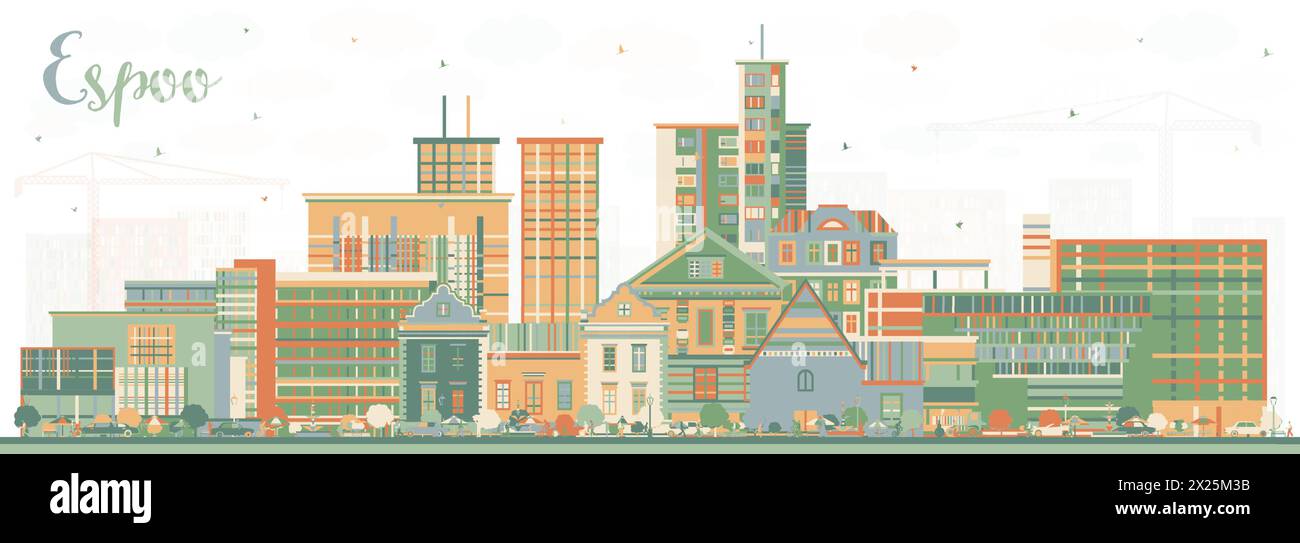 Horizon de la ville d'Espoo Finlande avec des bâtiments de couleur. Illustration vectorielle. Paysage urbain d'Espoo avec des points de repère. Illustration de Vecteur