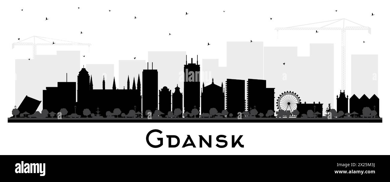 Silhouette d'horizon de la ville de Gdansk Pologne avec des bâtiments noirs isolés sur blanc. Illustration vectorielle. Paysage urbain de Gdansk avec des monuments. Illustration de Vecteur