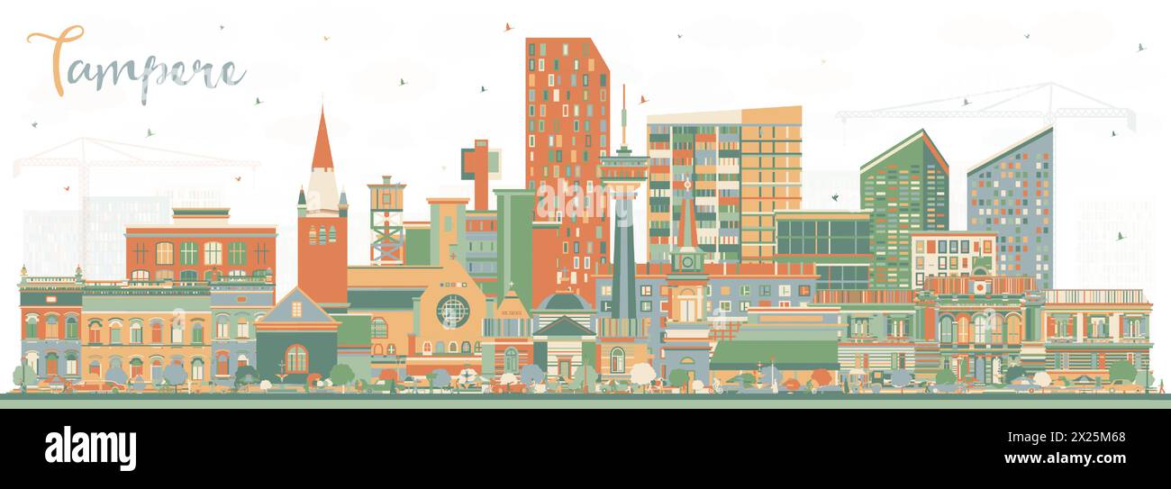 Tampere Finland skyline avec des bâtiments de couleur. Illustration vectorielle. Paysage urbain de Tampere avec des monuments. Illustration de Vecteur