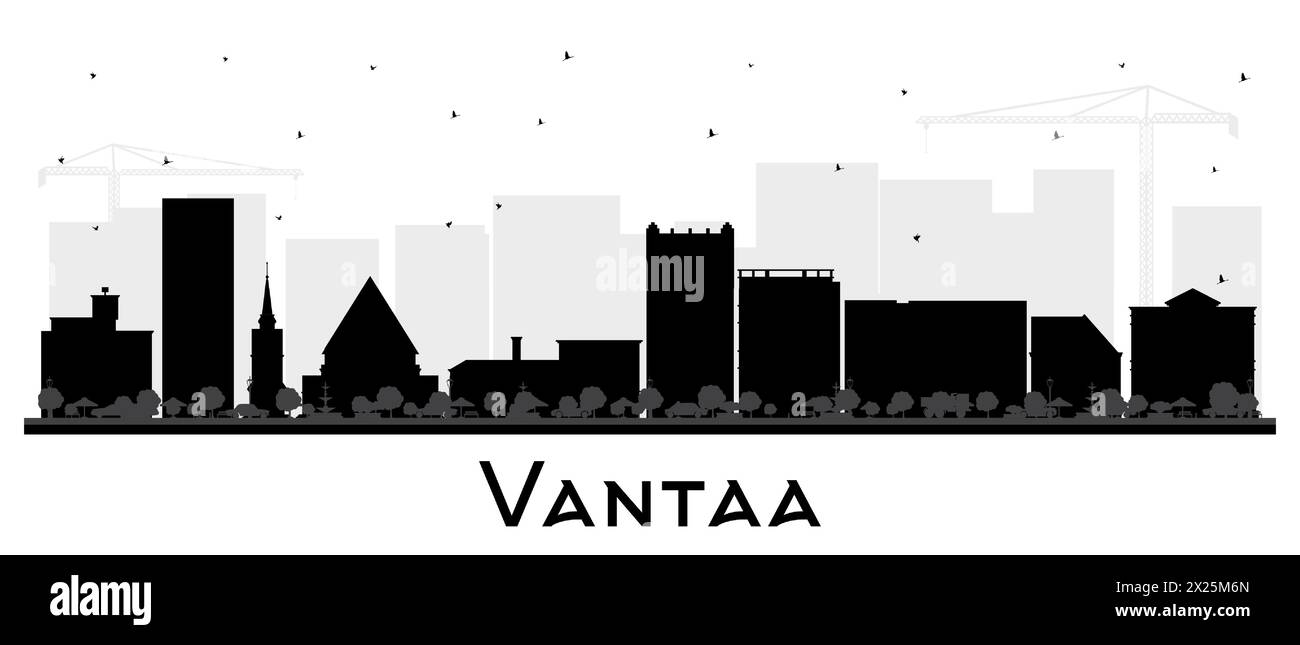 Silhouette d'horizon de la ville de Vantaa Finlande avec des bâtiments noirs isolés sur blanc. Illustration vectorielle. Paysage urbain de Vantaa avec des points de repère. Illustration de Vecteur