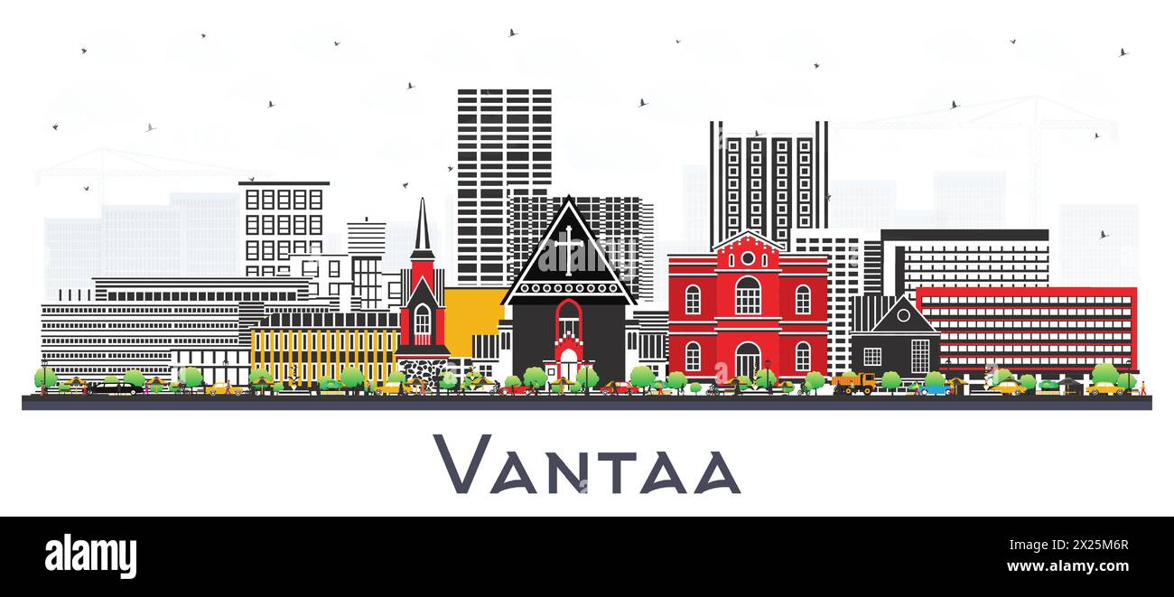 Horizon de la ville de Vantaa Finlande avec des bâtiments de couleur isolés sur blanc. Illustration vectorielle. Paysage urbain de Vantaa avec des points de repère. Voyages d'affaires et tourisme Illustration de Vecteur