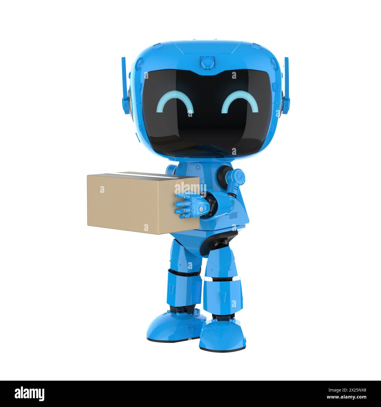 Concept logistique intelligent avec le robot de livraison bleu de rendu 3d envoyer la boîte de colis Banque D'Images
