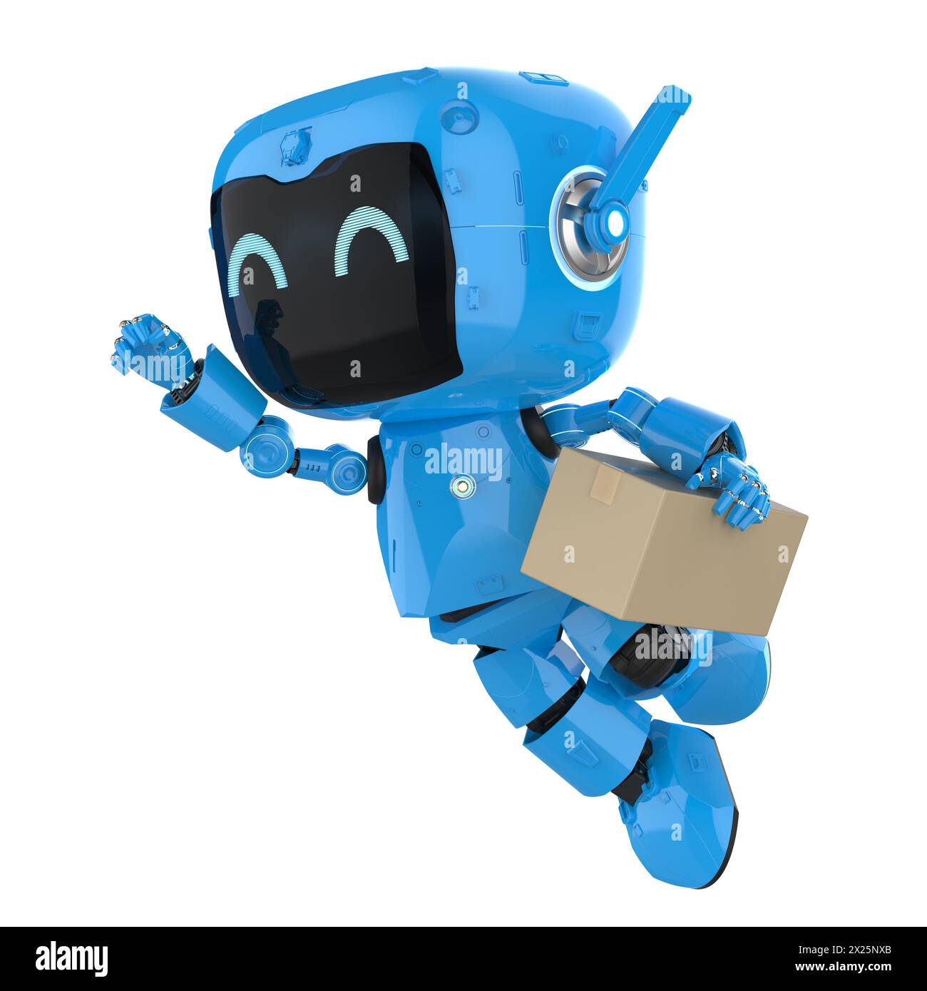 Concept logistique intelligent avec le robot de livraison bleu de rendu 3d envoyer la boîte de colis Banque D'Images