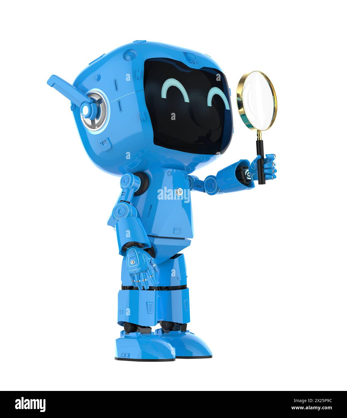 rendu 3d robot assistant personnel mignon avec loupe isolé sur blanc Banque D'Images