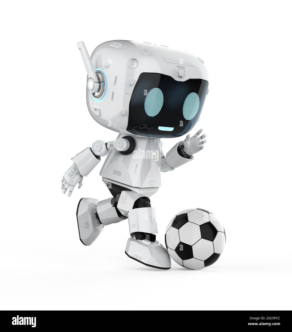 rendu 3d mignon et petit robot assistant personnel d'intelligence artificielle jouer au football ou au football Banque D'Images
