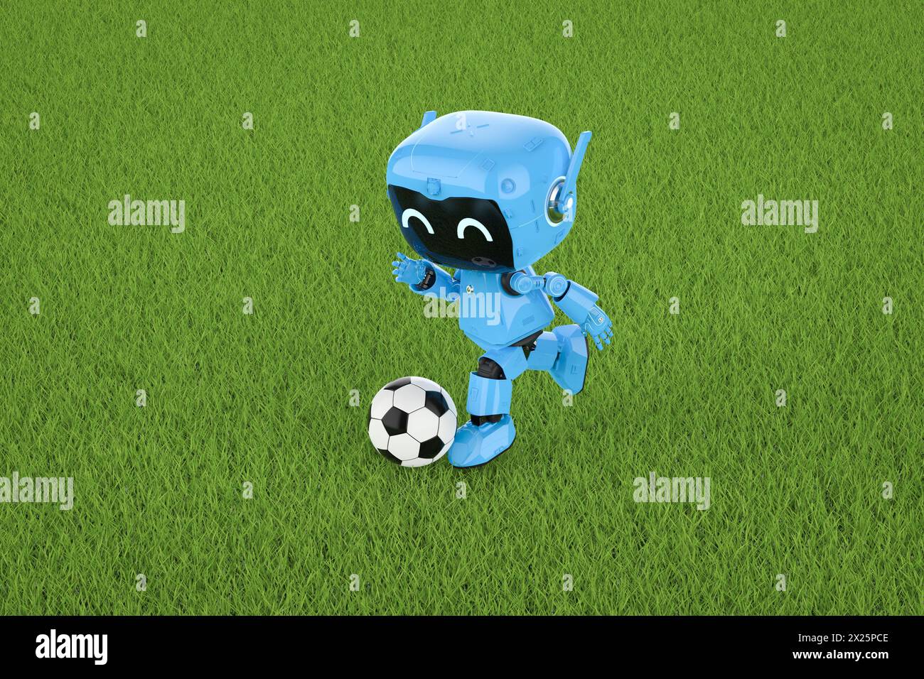 rendu 3d mignon et petit robot assistant personnel d'intelligence artificielle jouer au football ou au football Banque D'Images