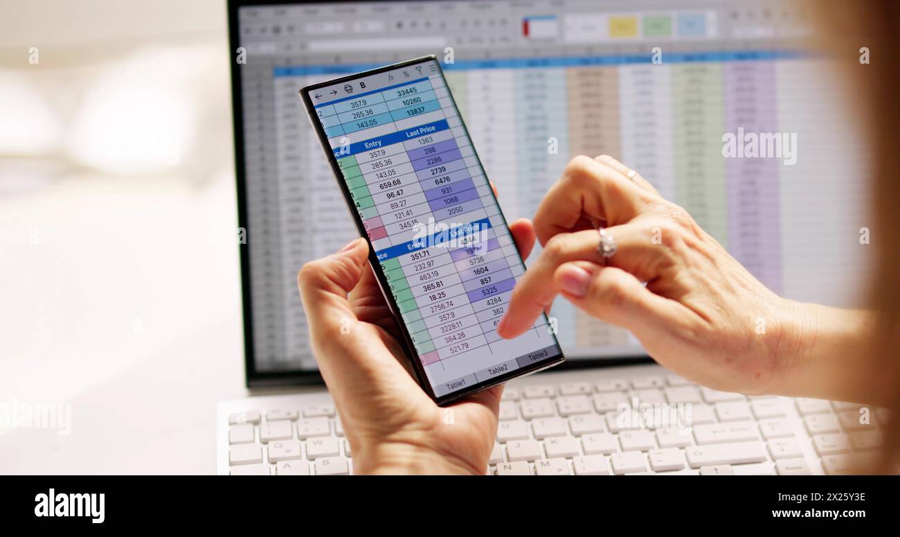 Analyste de données de feuille de calcul utilisant un logiciel informatique sur téléphone Banque D'Images