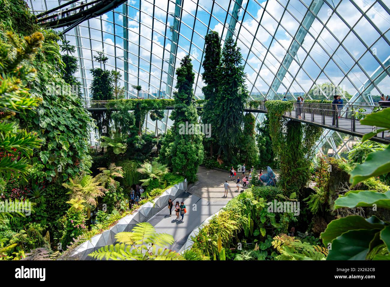 Une vue depuis les niveaux supérieurs à l'intérieur du Cloud Forest Garden à Gardens by the Bay à Singapour Banque D'Images
