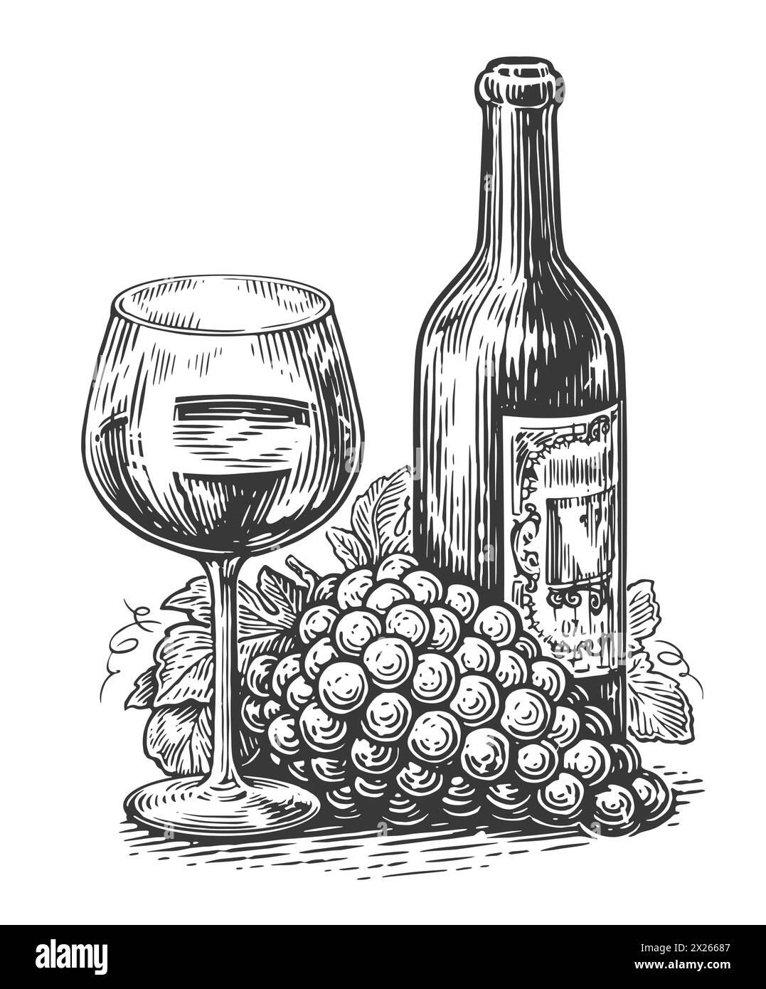 Raisins mûrs, bouteille de vin et verre de vin isolé sur fond blanc. Esquisse vintage illustration vectorielle Illustration de Vecteur