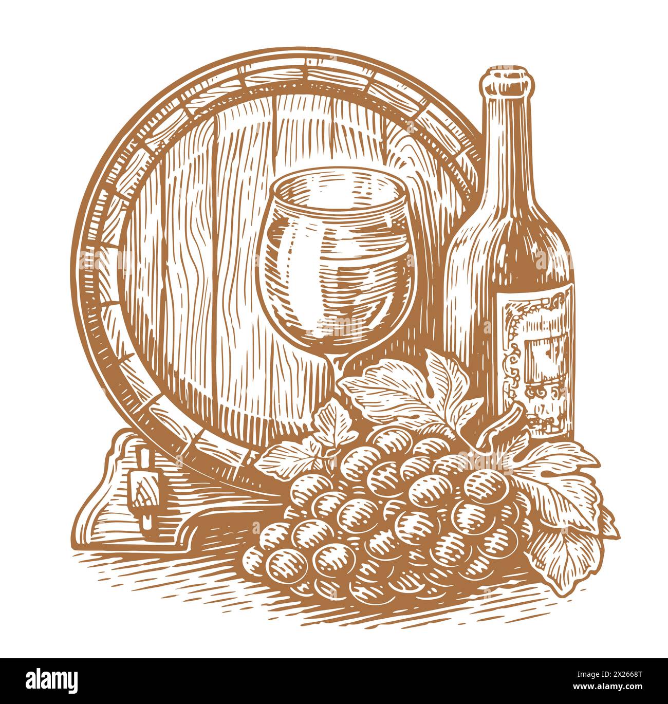 Bouteille de vin, verre et tonneau en bois. Cave, croquis de vignoble. Illustration vectorielle vintage Illustration de Vecteur