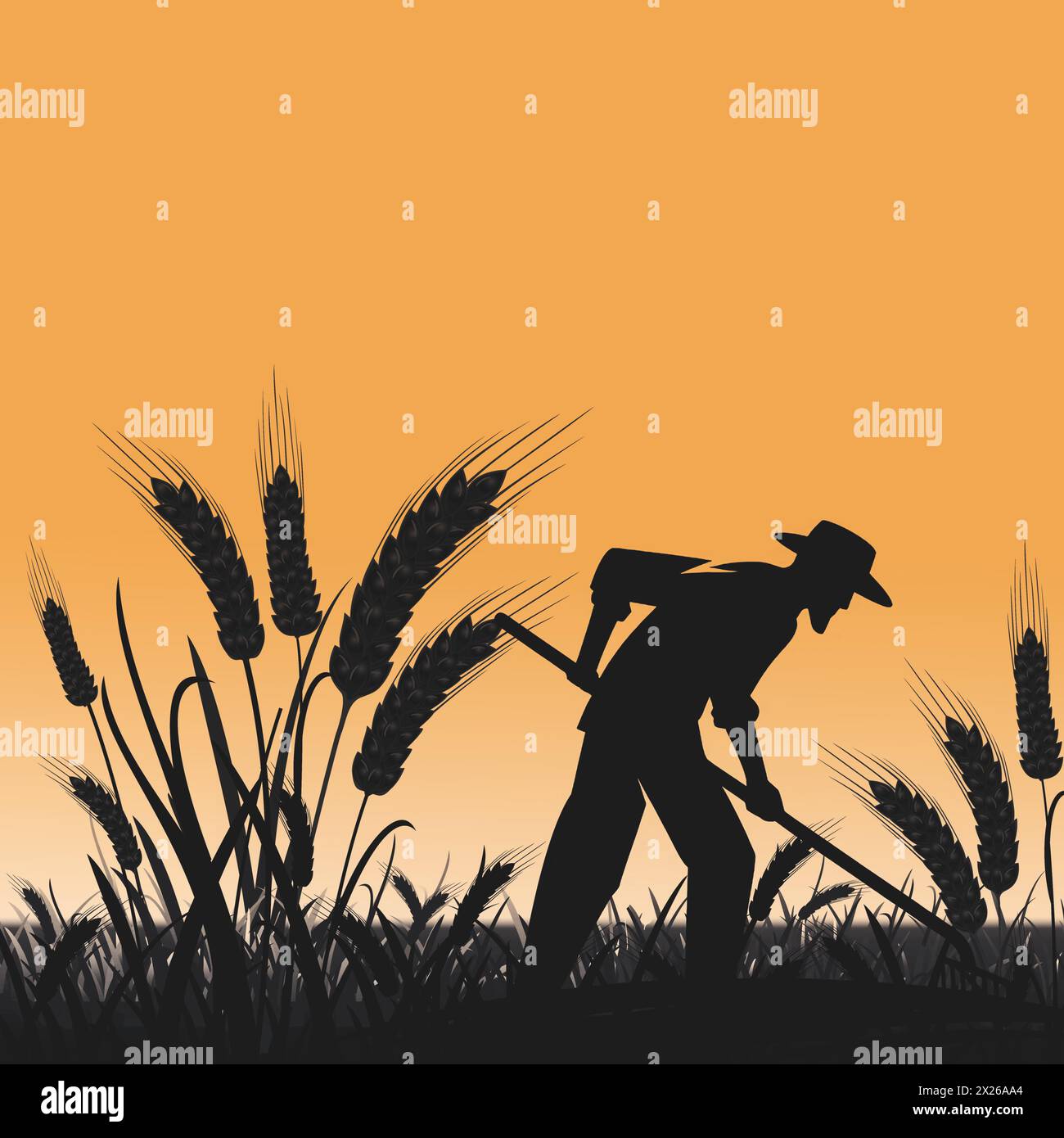 Dans la lueur chaude du crépuscule, la silhouette d'un agriculteur travaille sans relâche, symbolisant le dévouement derrière nos récoltes, marquant la Journée mondiale des agriculteurs. Illustration de Vecteur