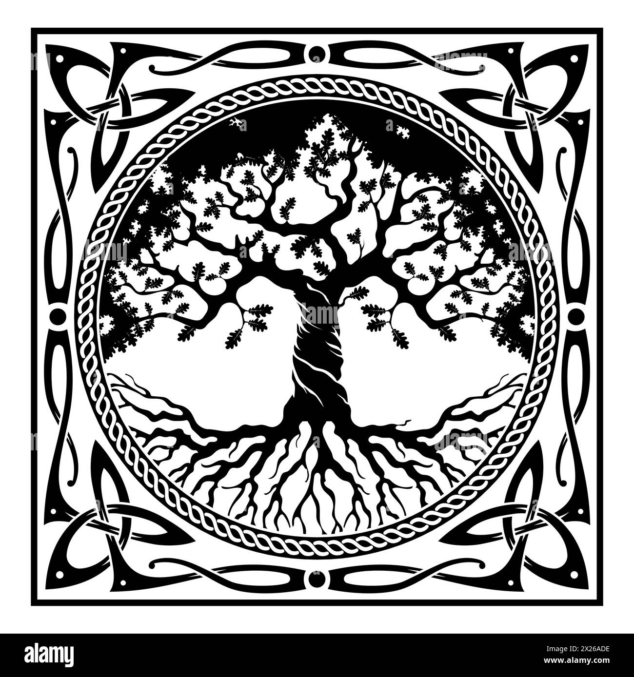 Design Viking. Arbre du monde de la mythologie scandinave - Yggdrasil et motif celtique, cadre. Dessiné dans le style celtique vieux norrois Illustration de Vecteur