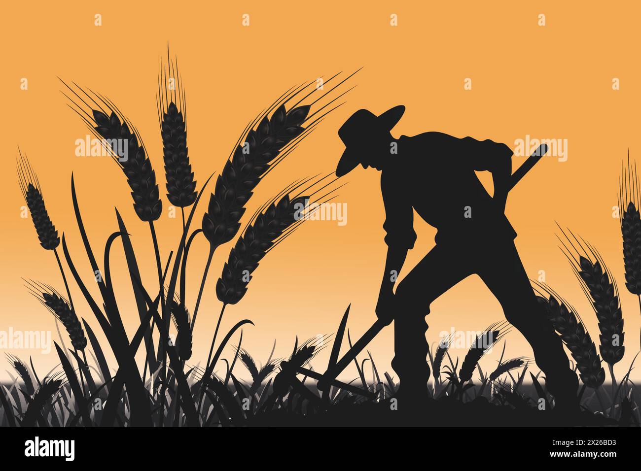 Dans la lueur chaude du crépuscule, la silhouette d'un agriculteur travaille sans relâche, symbolisant le dévouement derrière nos récoltes, marquant la Journée mondiale des agriculteurs. Illustration de Vecteur