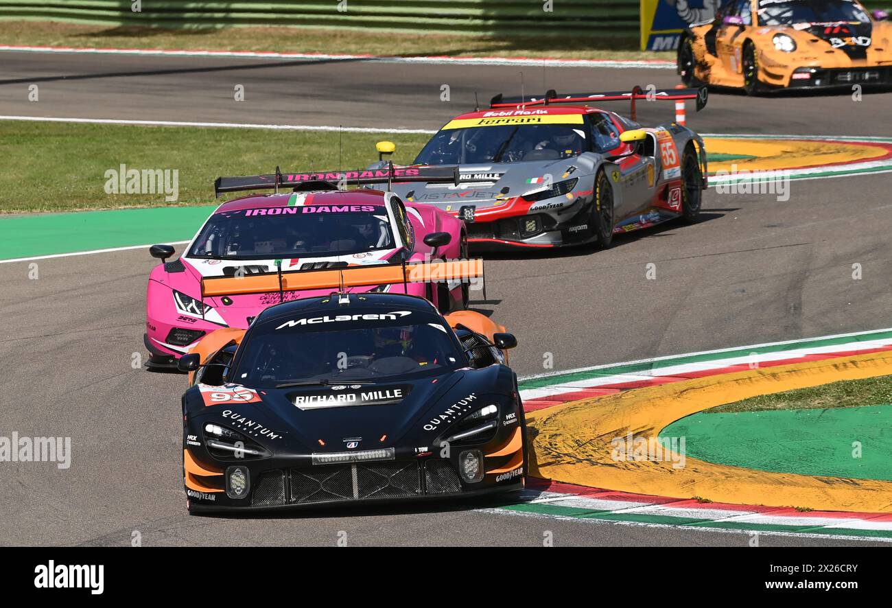 Imola, France. 20 avril 2024. © PHOTOPQR/Ouest FRANCE/Franck Dubray ; Imola ; 20/04/2024 ; Sport automobile WEC championnat du monde d' endurance sur le circuit d' Imola en Italie. UNITED AUTOSPORTS McLaren N° 95 pilotée par Nicolás Pino, Marino Sato, Joshua Caygill IRON DAMES Lamborghini N° 85 pilotée par Sarah Bovy, Michelle Gatting, Doriane PIN VISTA af CORSE Ferrari N° 55 pilotée par François Heriau, Simon Mann, Alessio Rovera (photo Franck Dubray) - 6 HEURES D'IMOLA 20 AVRIL, 2024 crédit : MAXPPP/Alamy Live News Banque D'Images