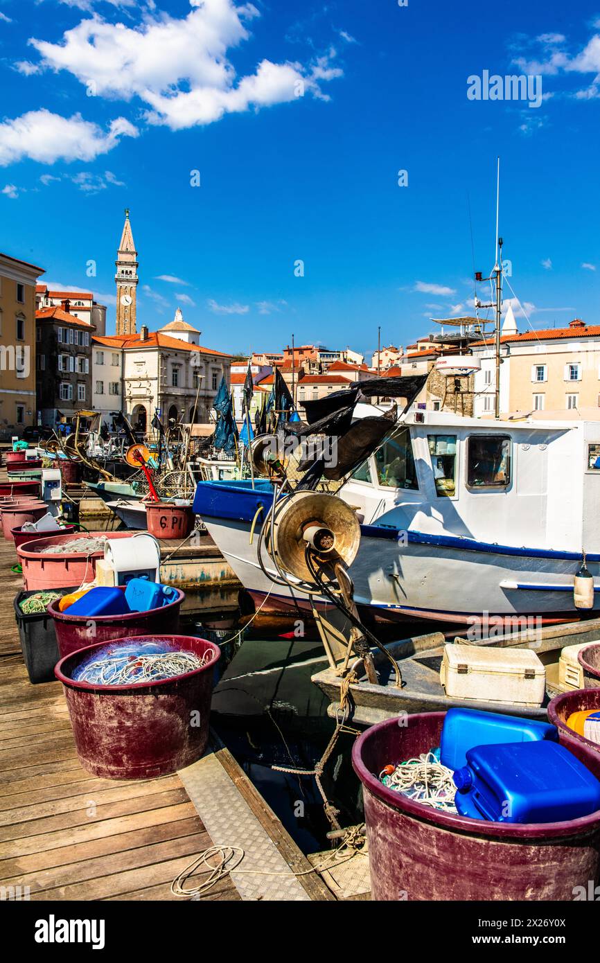 Bassin portuaire avec port de pêche, ville portuaire de Piran sur la côte adriatique avec flair vénitien, Slovénie, Piran, Slovénie Banque D'Images