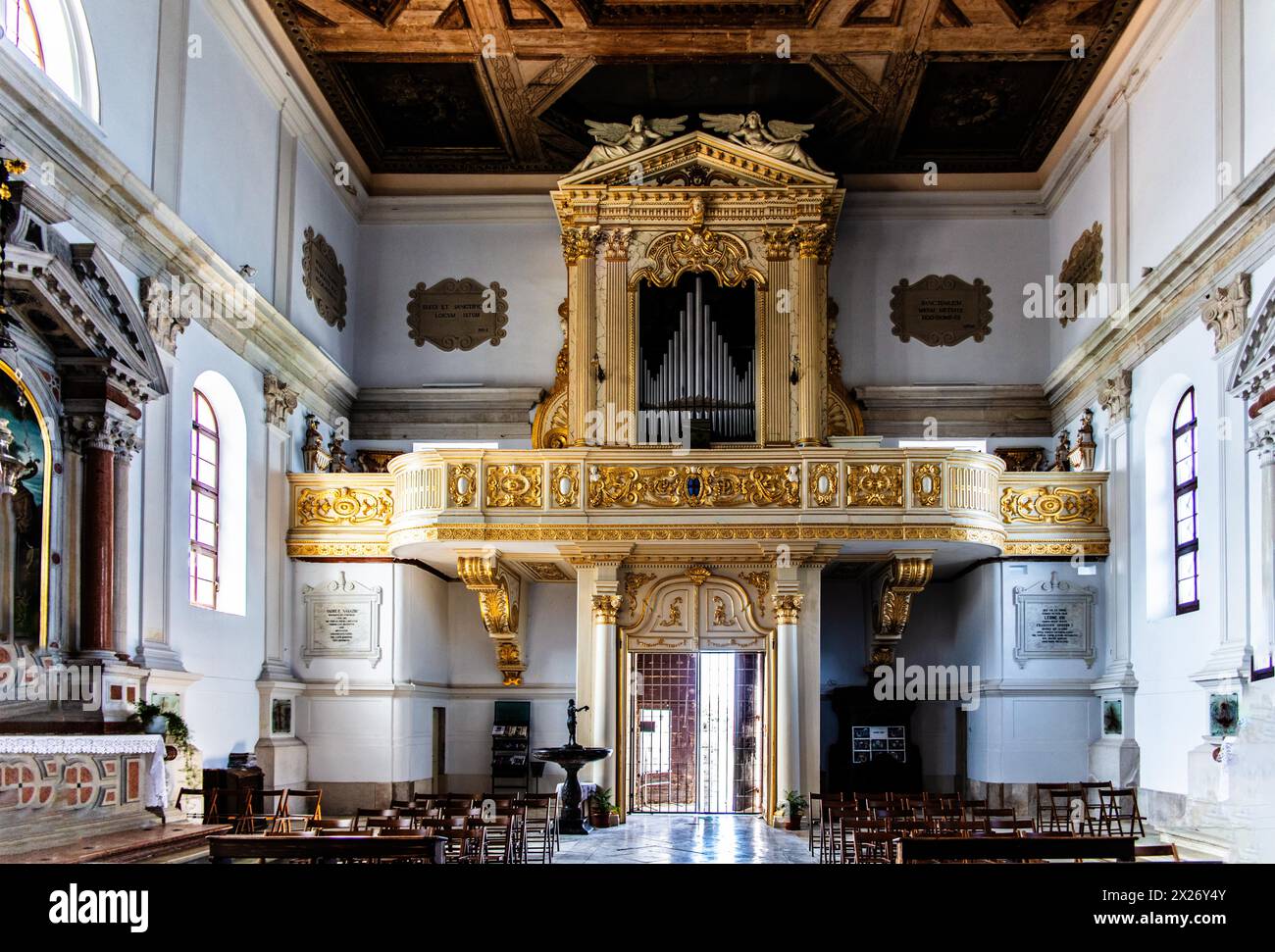 Orgue, Cathédrale Église de offrant George,. JURI avec le haut clocher, j, 17ème siècle, ville portuaire Piran sur la côte adriatique avec vénitien Banque D'Images