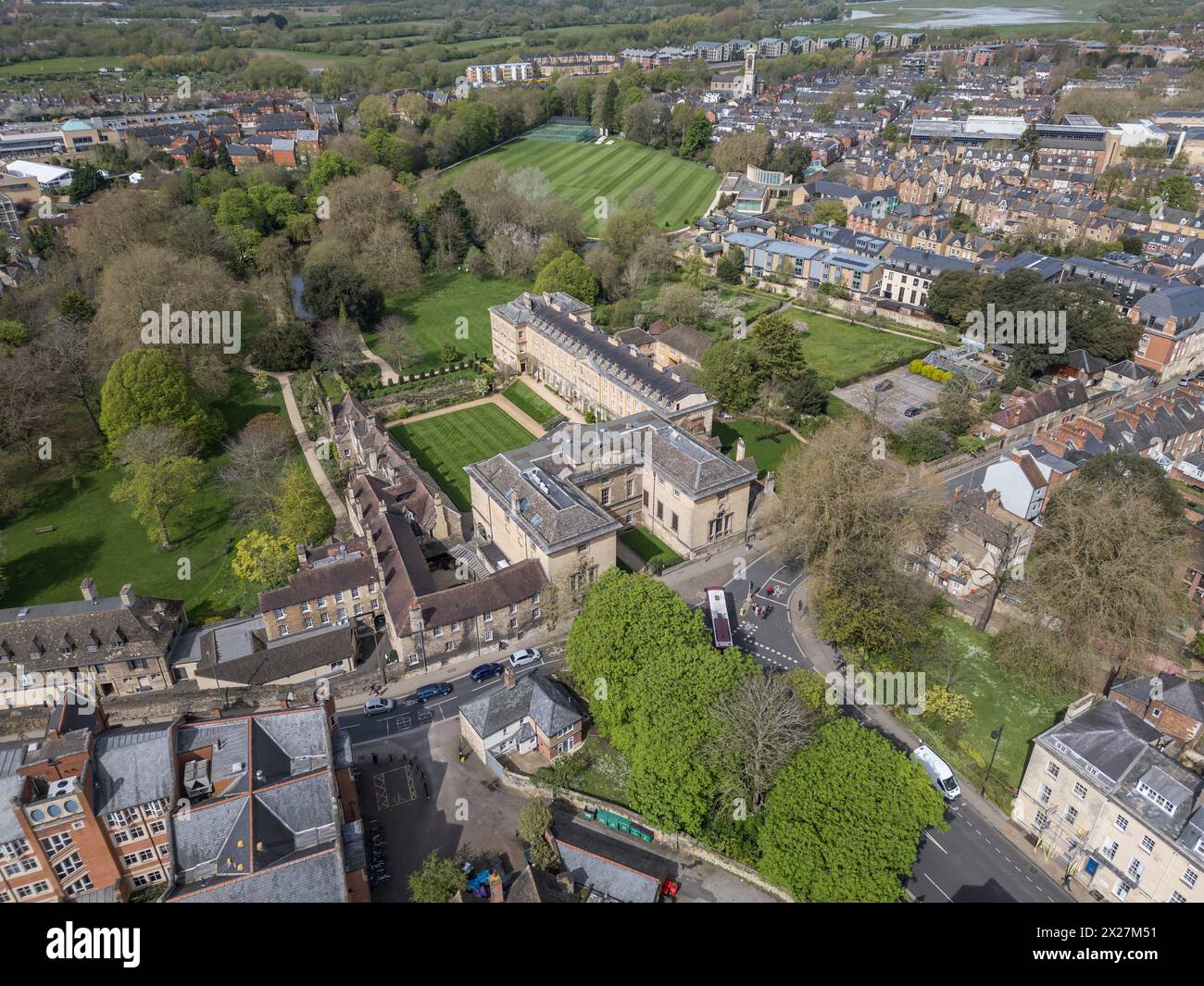 Vue aérienne du Worcester College, Université d'Oxford, Oxford, Royaume-Uni. Banque D'Images