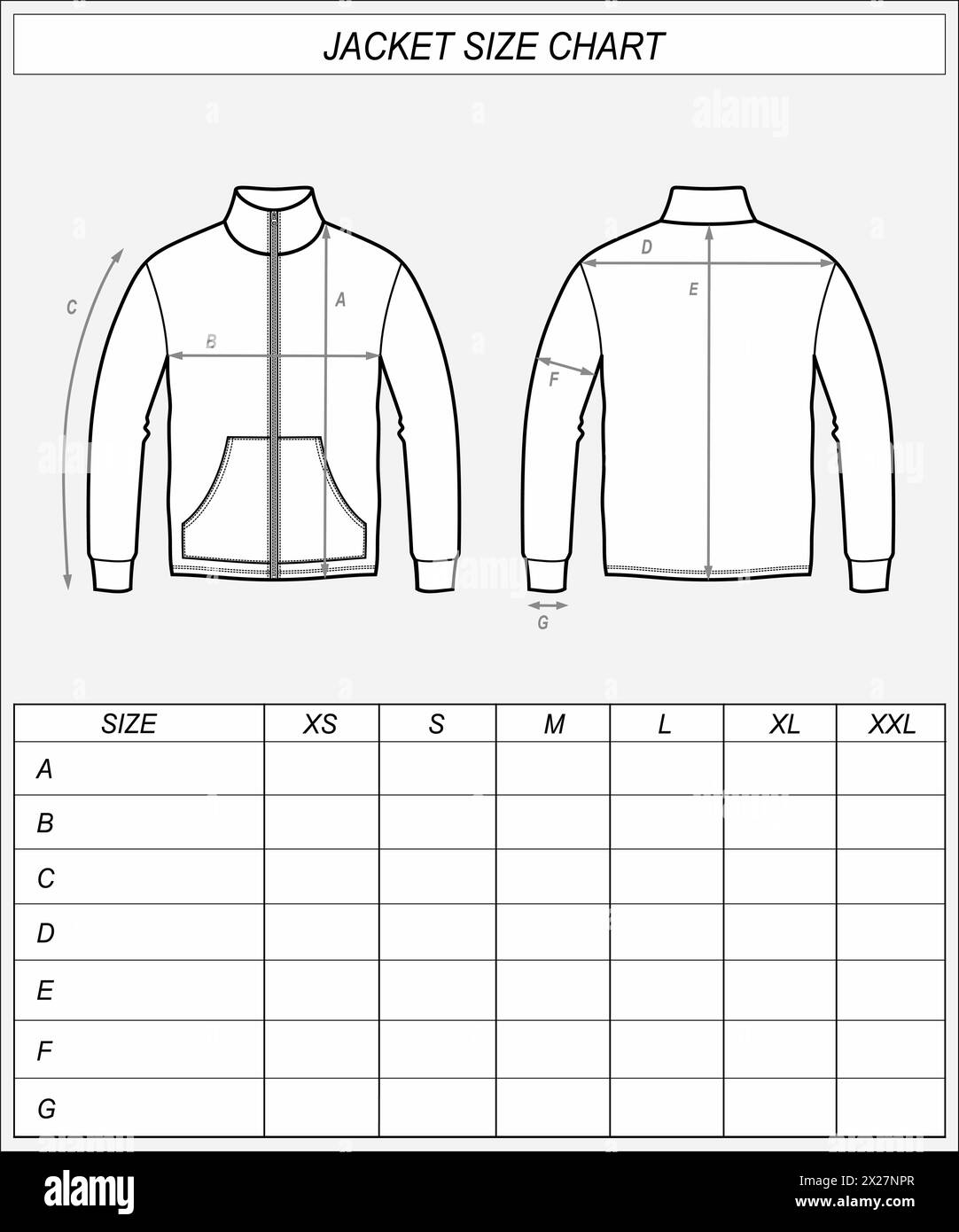 Tableau des tailles des vestes zippées. Sweat-shirt à fermeture éclair avant arrière croquis. Mesures des vêtements. Maquette CAD homme. Modèle de dessin technique illustration vectorielle Illustration de Vecteur