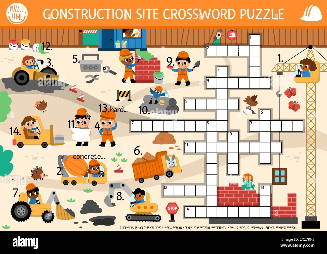 Puzzle de mots croisés vectoriels pour les enfants avec paysage de chantier de construction. Quiz avec des ouvriers, des véhicules industriels, maison en brique pour les enfants. Mignon éducatif Illustration de Vecteur