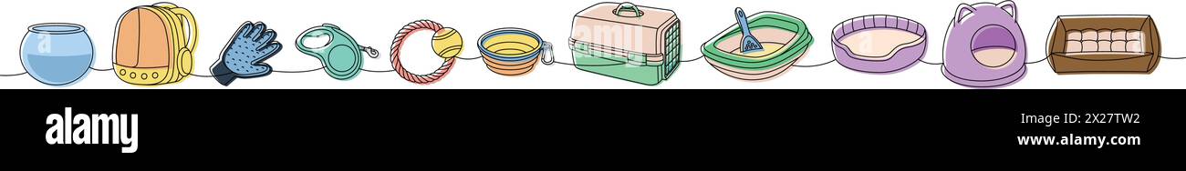 Assortiment de fournitures pour animaux de compagnie. Aquarium, terrarium, porte-sac à dos, gant épilateur, laisse de mètre ruban, jouet à mâcher pour chien, mallette de transport, bol pour chien, Illustration de Vecteur