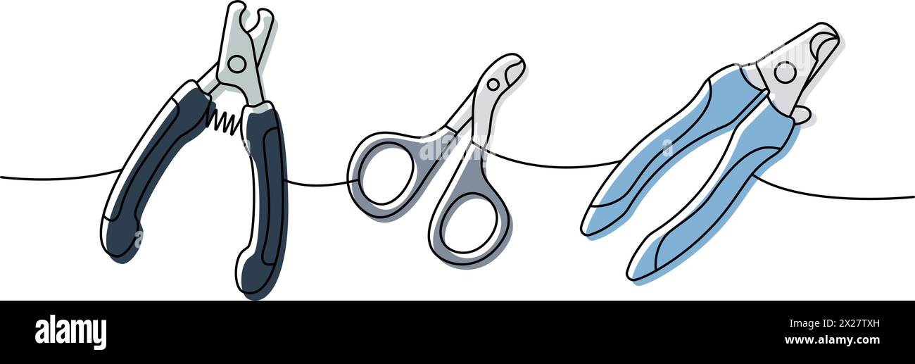 Kit de fournitures pour animaux de compagnie. Ciseaux pour le toilettage des animaux de compagnie, coupe-ongles pour animaux de compagnie illustration continue d'une ligne. Illustration linéaire vectorielle. Illustration de Vecteur