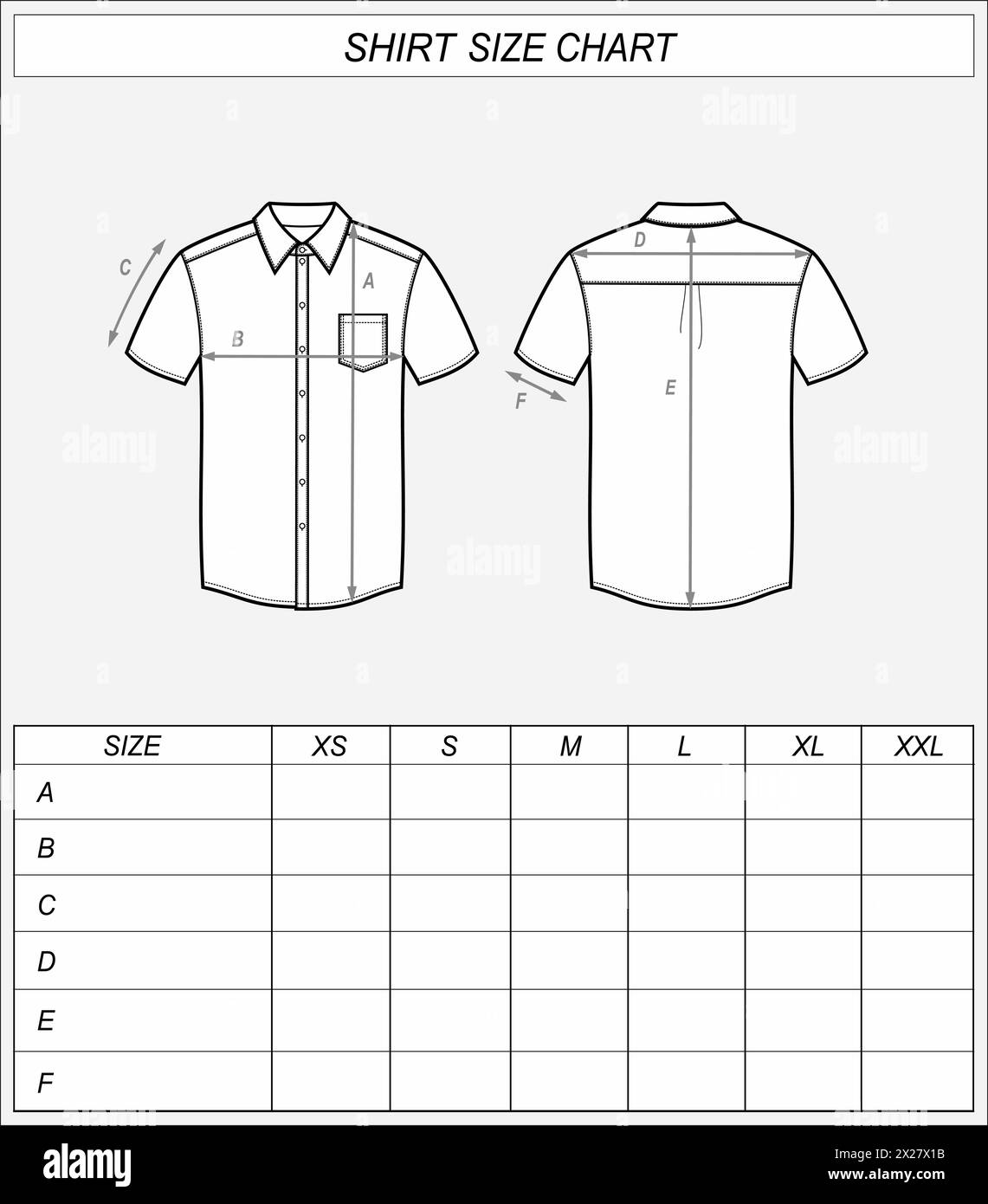 Tableau des tailles des chemises professionnelles. Croquis avant et arrière à l'usure classique. Mesures des vêtements. Maquette CAD homme. Modèle de dessin technique illustration vectorielle Illustration de Vecteur
