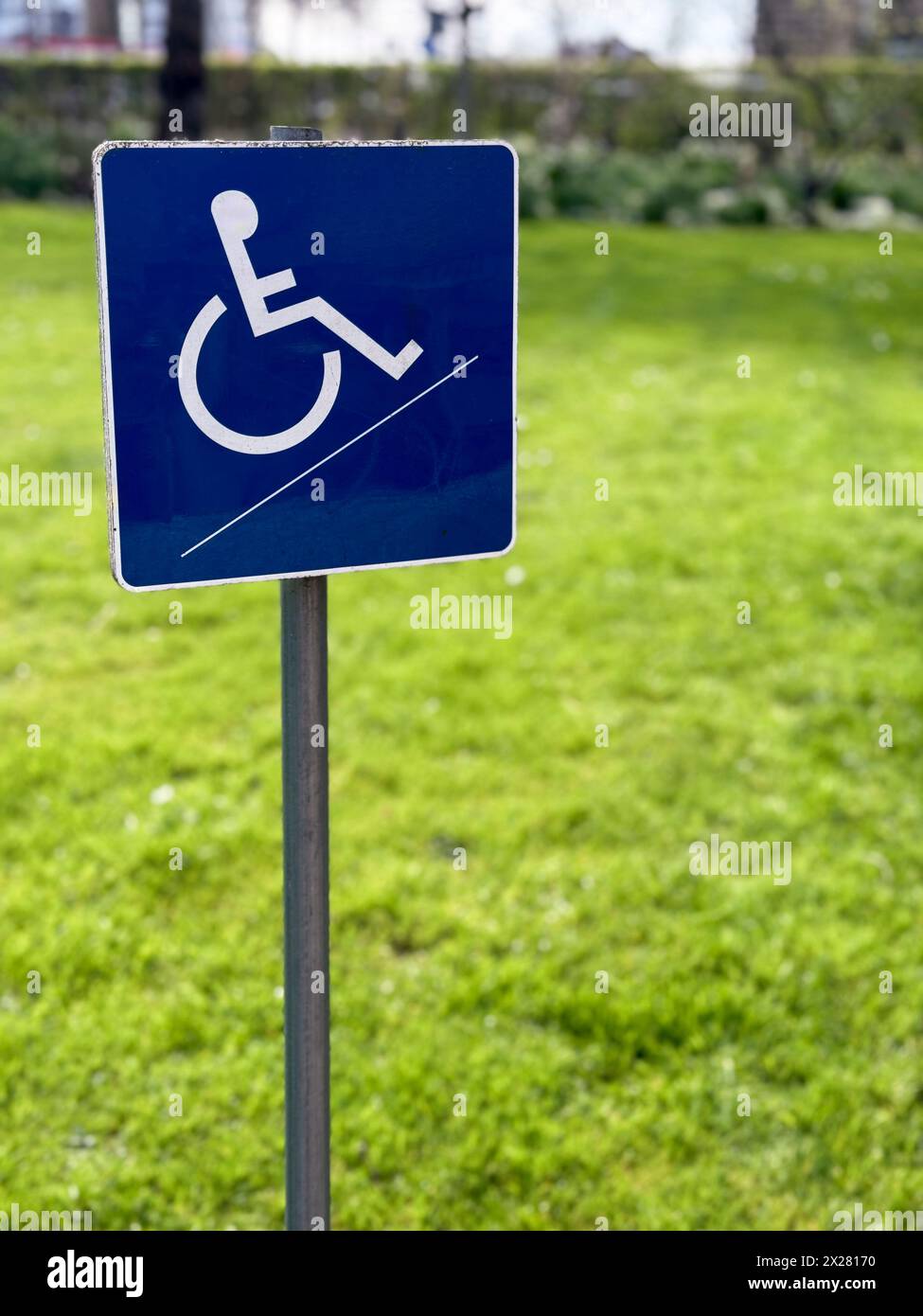 Un petit panneau bleu pour handicapés en fauteuil roulant se dresse contre un fond de jardin flou, symbolisant l'accessibilité et l'inclusivité dans les espaces extérieurs. Banque D'Images
