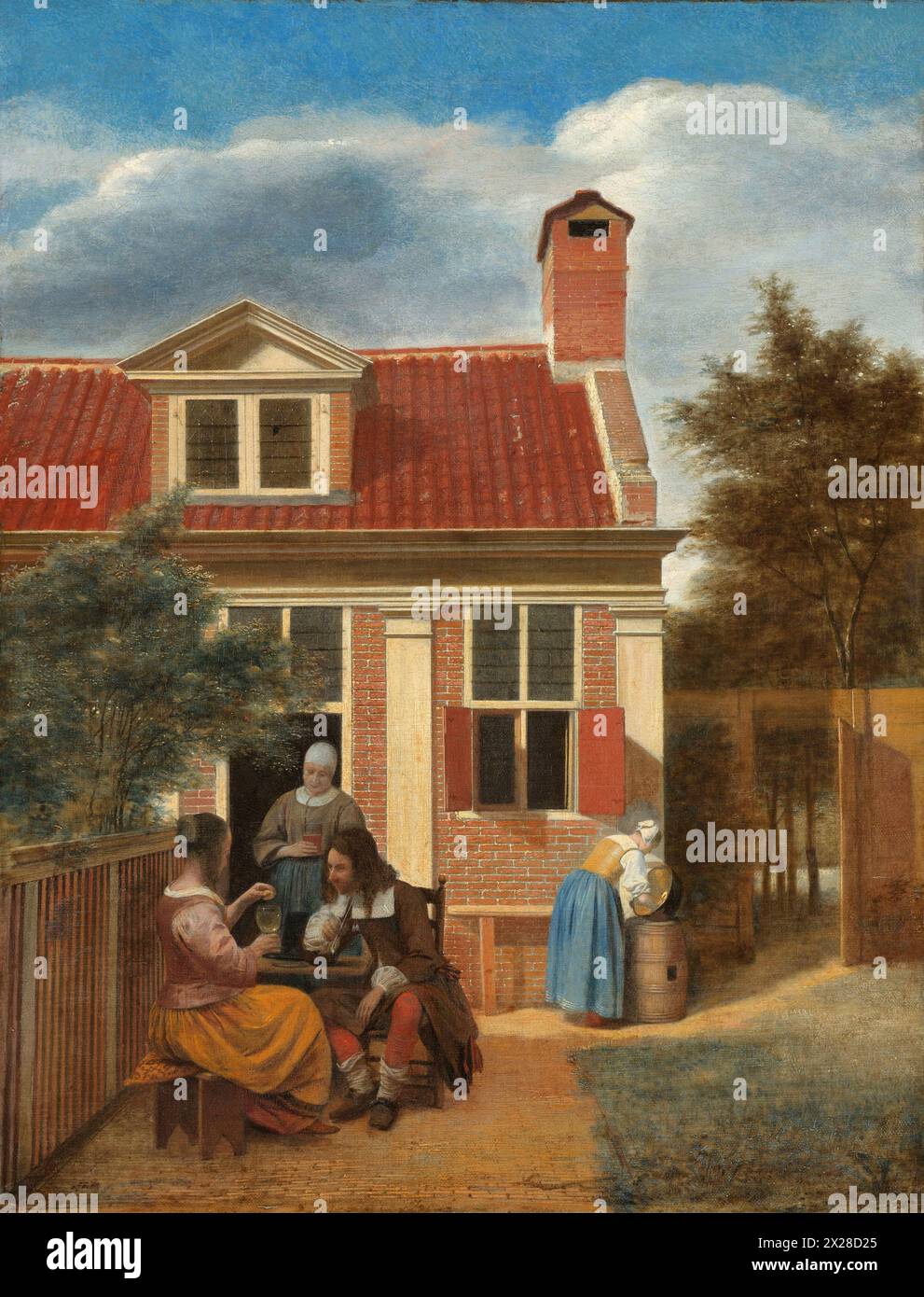 Peinture de figures dans une cour derrière une maison, par le peintre néerlandais Pieter de Hooch, chef-d'œuvre d'art Banque D'Images