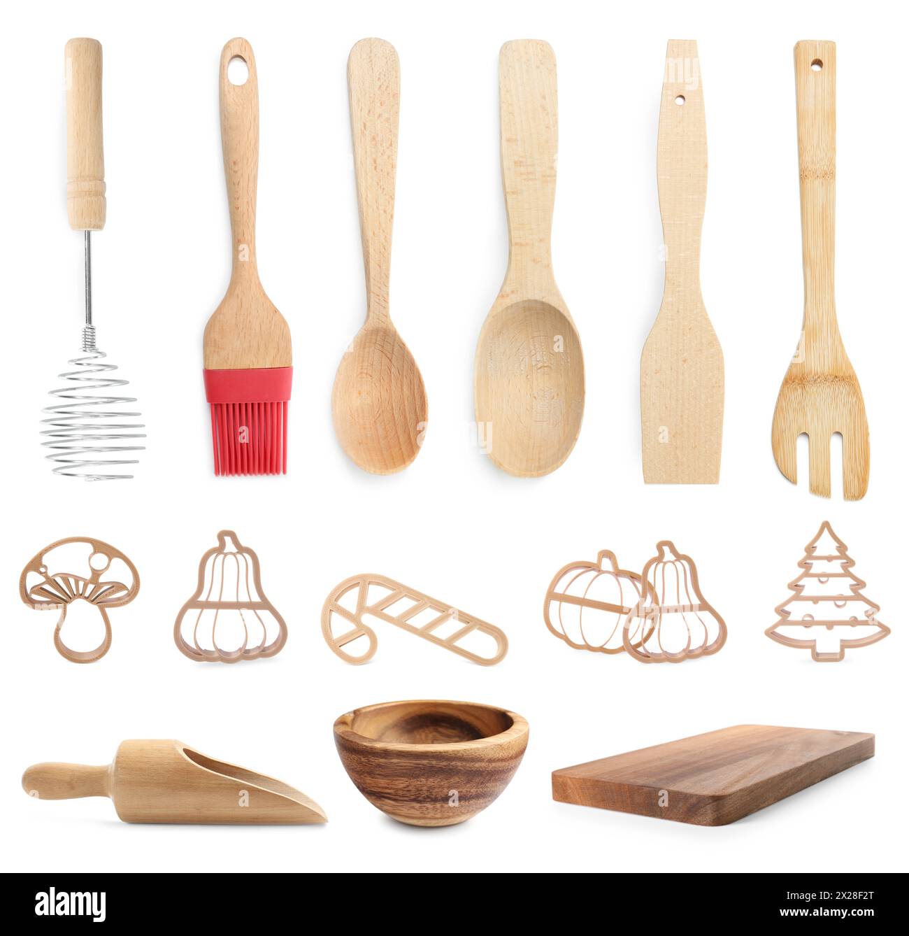 Fouet et autres ustensiles de cuisine isolés sur blanc, collection Banque D'Images