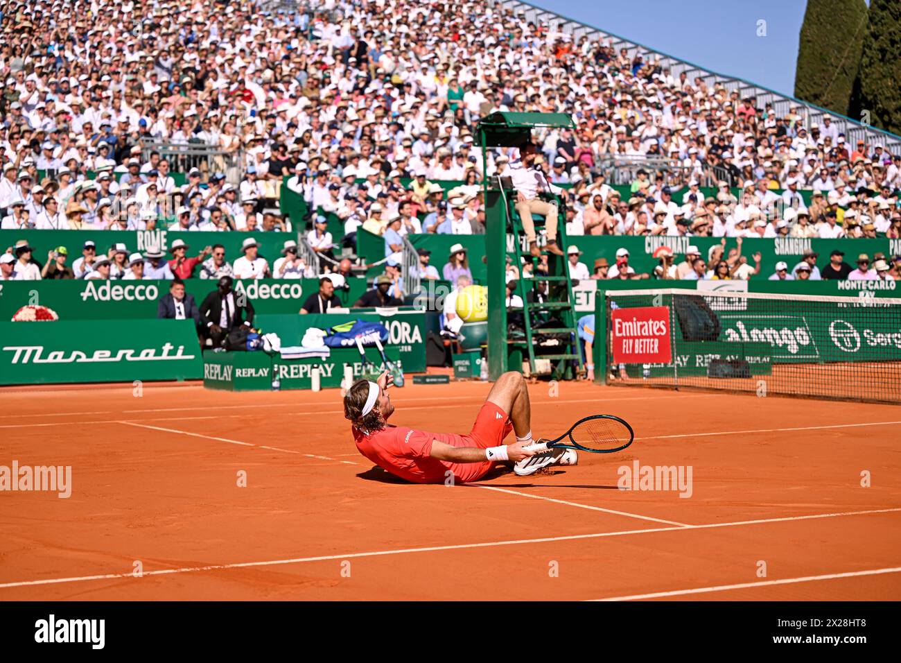 Paris, France. 14 avril 2024. Stefanos Tsitsipas lors de la finale Rolex Monte-Carlo ATP Masters 1000 tennis le 14 avril 2024 au Monte Carlo Country Club de Roquebrune Cap Martin près de Monaco. Crédit : Victor Joly/Alamy Live News Banque D'Images