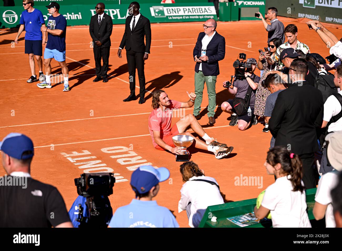 Paris, France. 14 avril 2024. Stefanos Tsitsipas lors de la finale Rolex Monte-Carlo ATP Masters 1000 tennis le 14 avril 2024 au Monte Carlo Country Club de Roquebrune Cap Martin près de Monaco. Crédit : Victor Joly/Alamy Live News Banque D'Images