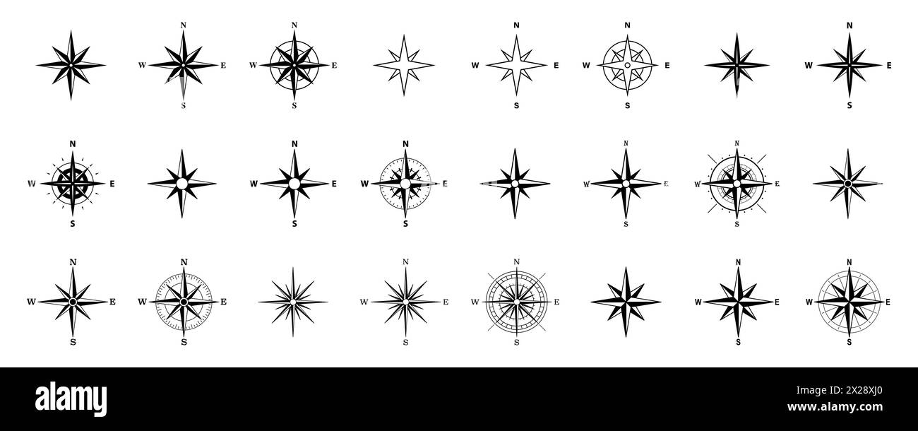 Vecteur plat noir monochrome symbole de rose du vent, icône de boussole, ensemble d'éléments de conception, isolé Illustration de Vecteur