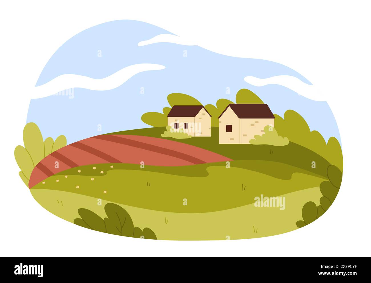 Une scène charmante avec deux cottages pittoresques nichés parmi les collines verdoyantes, des parcelles de champs rouges et un ciel bleu expansif solitaire Illustration de Vecteur