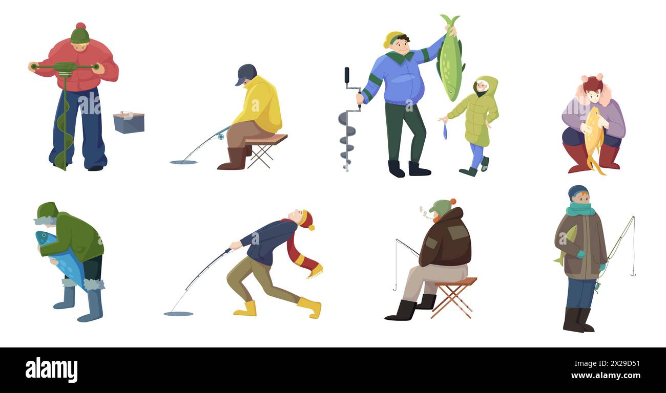 Ensemble de pêche hivernale. Famille de pêcheurs attrapant le poisson avec la canne, les gens dans des vêtements chauds debout et assis sur des chaises pliées, les personnages percent le trou dans la glace pour attraper l'illustration vectorielle de dessin animé de poisson Illustration de Vecteur