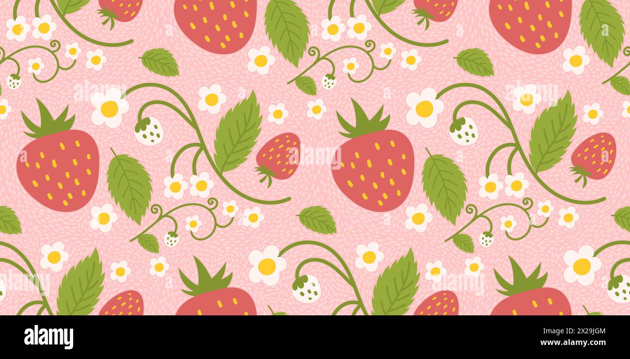 Conception d'un motif de fraise sans couture avec de charmantes baies, des fleurs, des feuilles vertes. Conception de surface répétée applicable pour les vêtements, les textiles, les wrappi Illustration de Vecteur