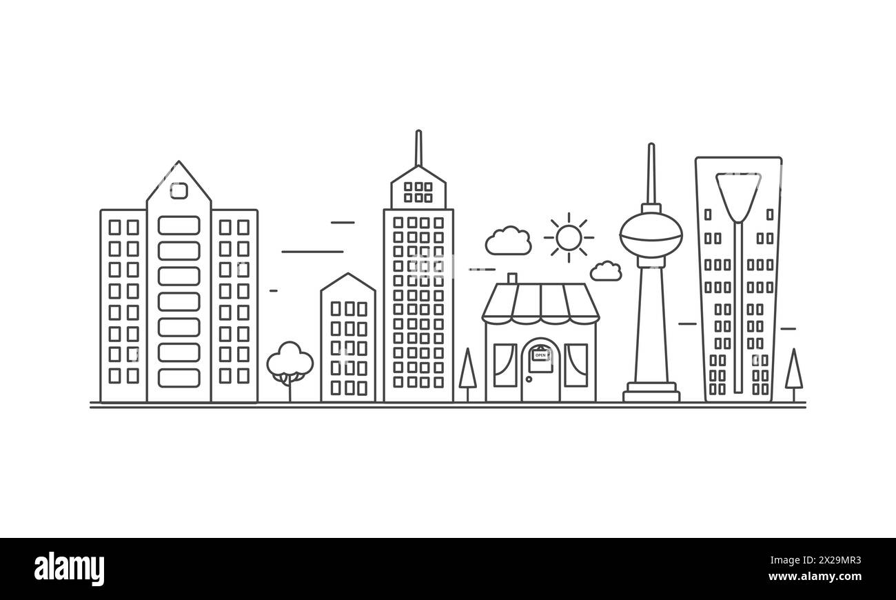 Paysage urbain de ligne avec des immeubles de bureaux et des gratte-ciel, magasin sur l'illustration vectorielle de rue Illustration de Vecteur