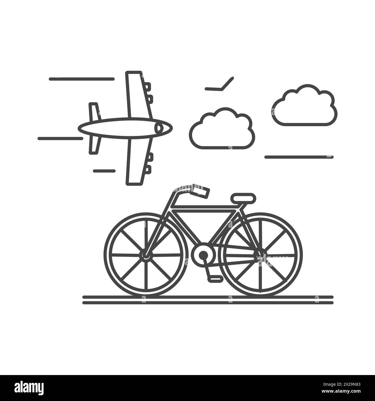 Icône de ligne de transport, vélo sur la route et illustration vectorielle d'avion volant Illustration de Vecteur