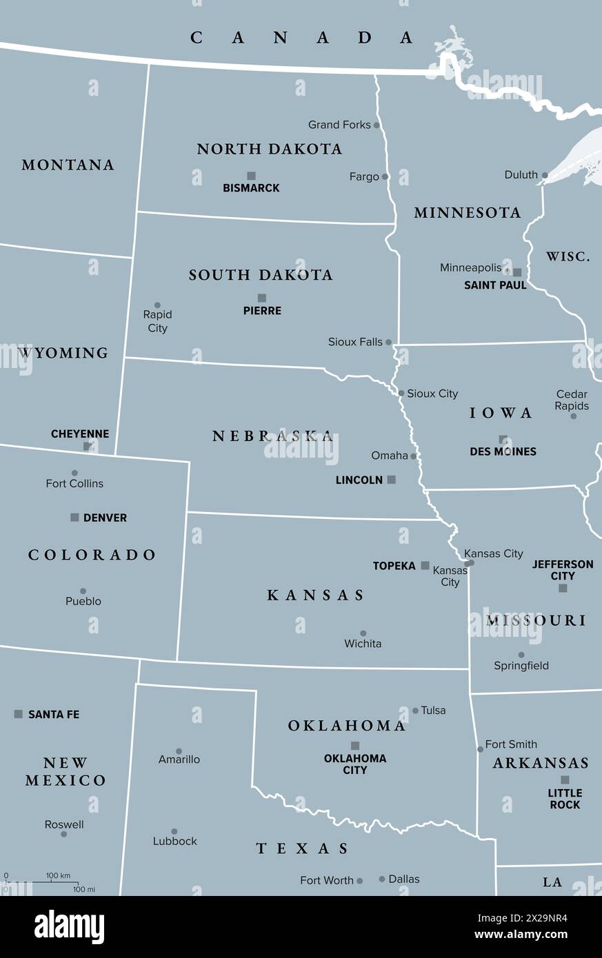 Région des grandes Plaines des États-Unis, carte politique grise. Parfois, simplement les Plaines, sont une vaste étendue de plaine en Amérique du Nord. Banque D'Images