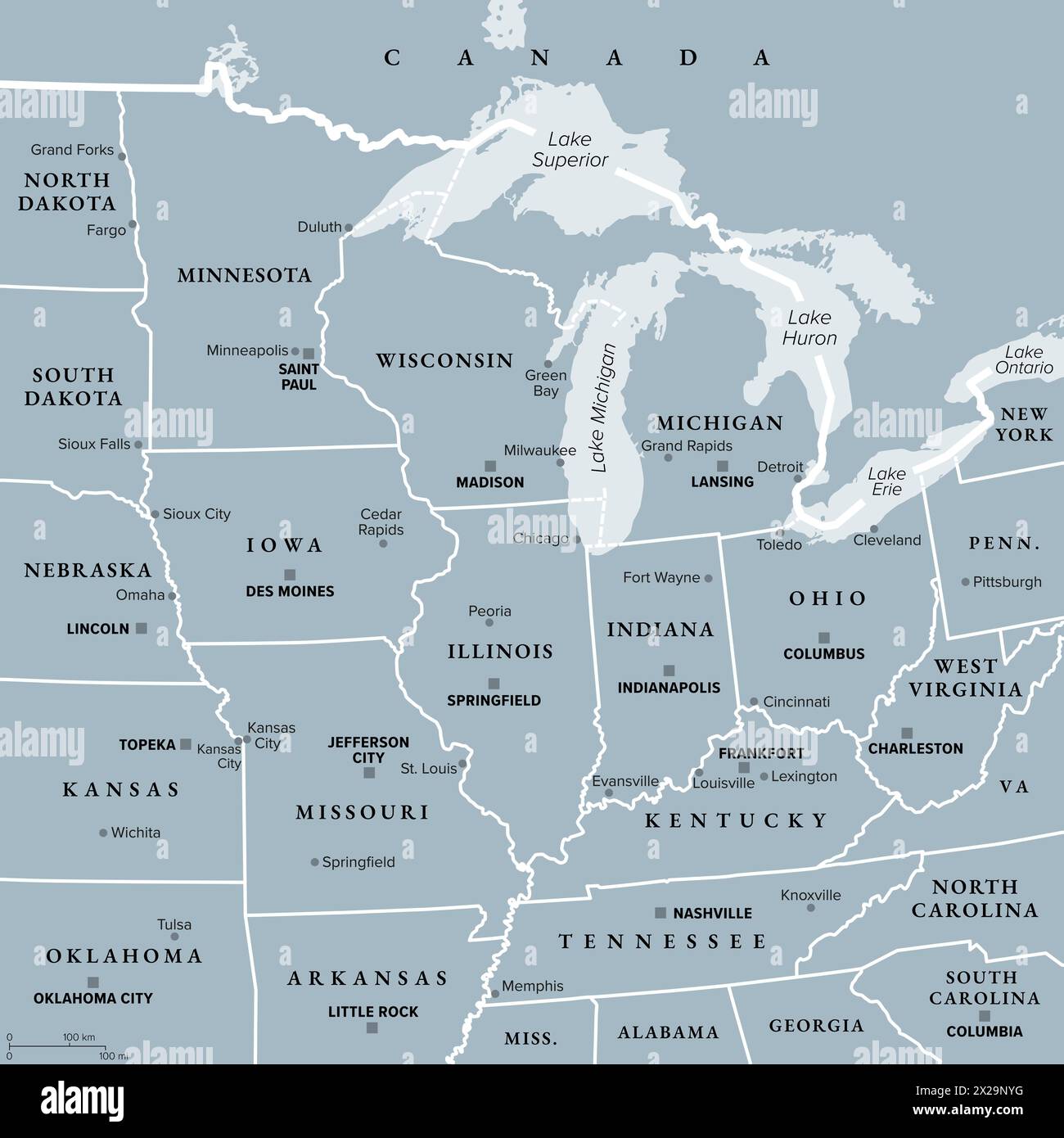 Région du Midwest des États-Unis, carte politique grise. Midwest des États-Unis ou Midwest américain, une région géographique, au sud des grands Lacs. Banque D'Images