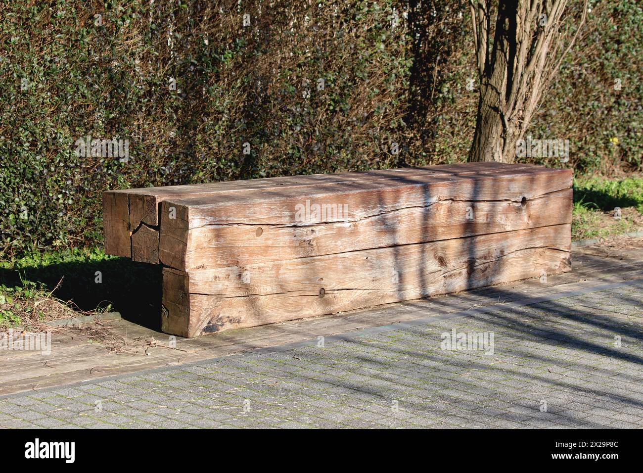 Banc en bois fissuré improvisé délabré fait maison fait de quatre bois traité sous pression à côté de carreaux de pierre couvert de trottoir avec une haie dense Banque D'Images