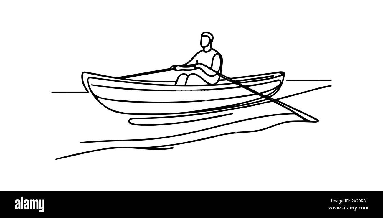 Homme naviguant sur un bateau kayak un croquis de ligne sur fond blanc. Illustration de Vecteur
