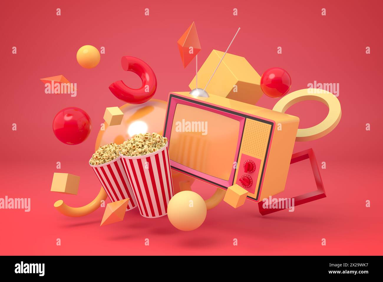 Pop-corn avec TV vintage et formes Banque D'Images