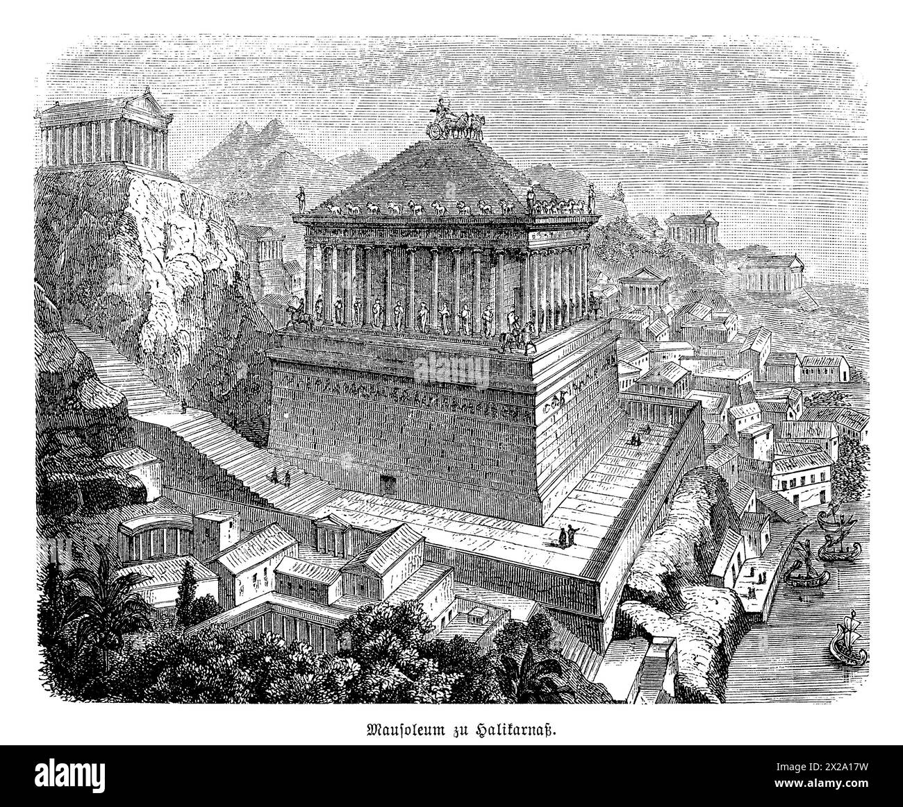 Cette image représente le mausolée de Halicarnasse, l'une des sept merveilles du monde antique, située dans l'actuel Bodrum, en Turquie. Le mausolée est représenté avec ses reliefs complexes et sa structure colossale, mettant en valeur la grandeur et l'innovation architecturale de la période hellénistique classique. L'œuvre d'art capture la majesté de la tombe construite pour Mausolus, un satrape persan, soulignant son importance en tant que merveille historique et artistique. Banque D'Images