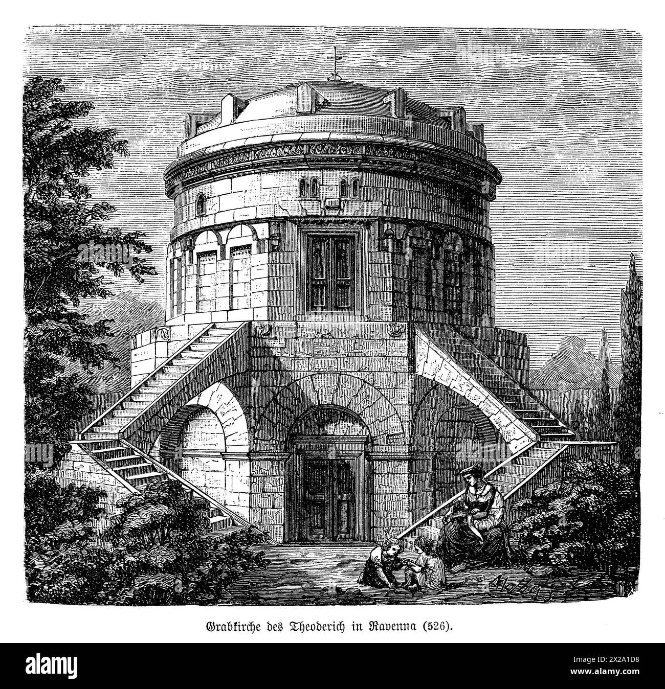 Cette image représente le mausolée de Théodoric à Ravenne, en Italie, un exemple extraordinaire de l'architecture ostrogothique datant de 520 après JC. La structure est remarquable pour son dôme massif, construit entièrement à partir d'une seule pièce de pierre d'Istrie, et son design simple mais robuste qui se distingue par son caractère unique au début de la période médiévale. Le mausolée sert de lieu de repos final à Théodoric le Grand, roi des Ostrogoths, reflétant son héritage puissant et l'innovation architecturale de son époque. Banque D'Images