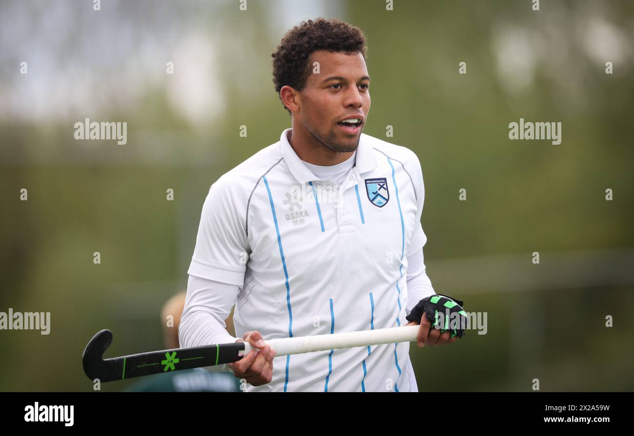 Waterloo, Belgique. 21 avril 2024. Nelson Onana de Braxgata photographié lors d'un match de hockey entre les Ducks de Waterloo et Braxgata, le dimanche 21 avril 2024 à Waterloo, le jour 21 de la saison 2023-2024, de la Ligue belge de hockey masculin. BELGA PHOTO VIRGINIE LEFOUR crédit : Belga News Agency/Alamy Live News Banque D'Images